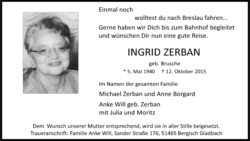  Traueranzeige für Ingrid Zerban vom 17.10.2015 aus Kölner Stadt-Anzeiger / Kölnische Rundschau / Express
