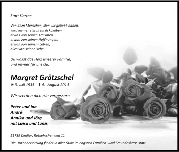 Anzeige von Margret Grötzschel von Kölner Stadt-Anzeiger / Kölnische Rundschau / Express