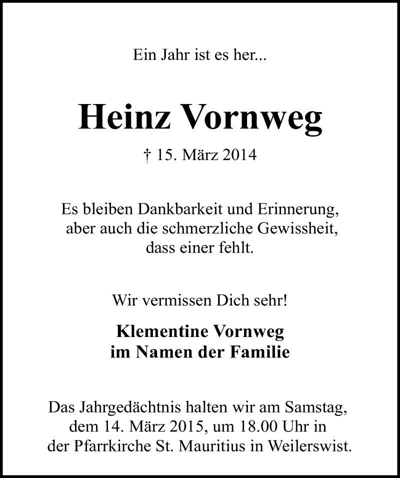  Traueranzeige für Heinz Vornweg vom 08.03.2015 aus  Blickpunkt Euskirchen 