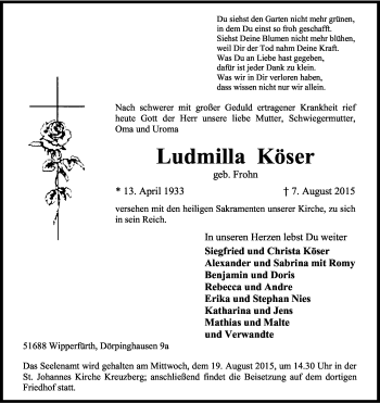Anzeige von Ludmilla Köser von Kölner Stadt-Anzeiger / Kölnische Rundschau / Express