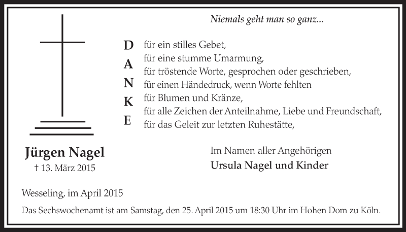  Traueranzeige für Jürgen Nagel vom 22.04.2015 aus  Schlossbote/Werbekurier 