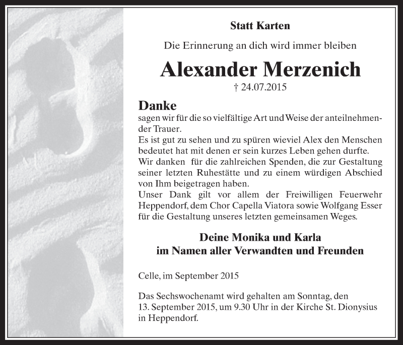  Traueranzeige für Alexander Merzenich vom 02.09.2015 aus  Werbepost 