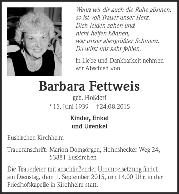 Anzeige von Barbara Fettweis von  Blickpunkt Euskirchen 