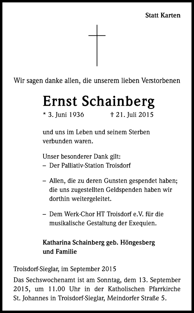  Traueranzeige für Ernst Schainberg vom 05.09.2015 aus Kölner Stadt-Anzeiger / Kölnische Rundschau / Express