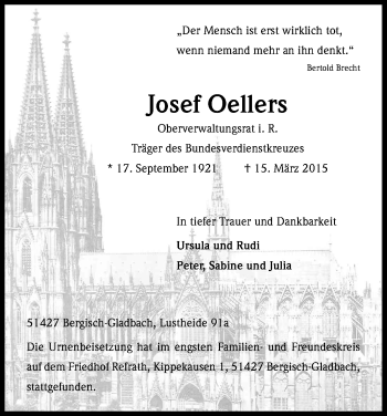 Anzeige von Josef Oellers von Kölner Stadt-Anzeiger / Kölnische Rundschau / Express