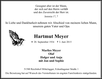 Anzeige von Hartmut Meyer von Kölner Stadt-Anzeiger / Kölnische Rundschau / Express