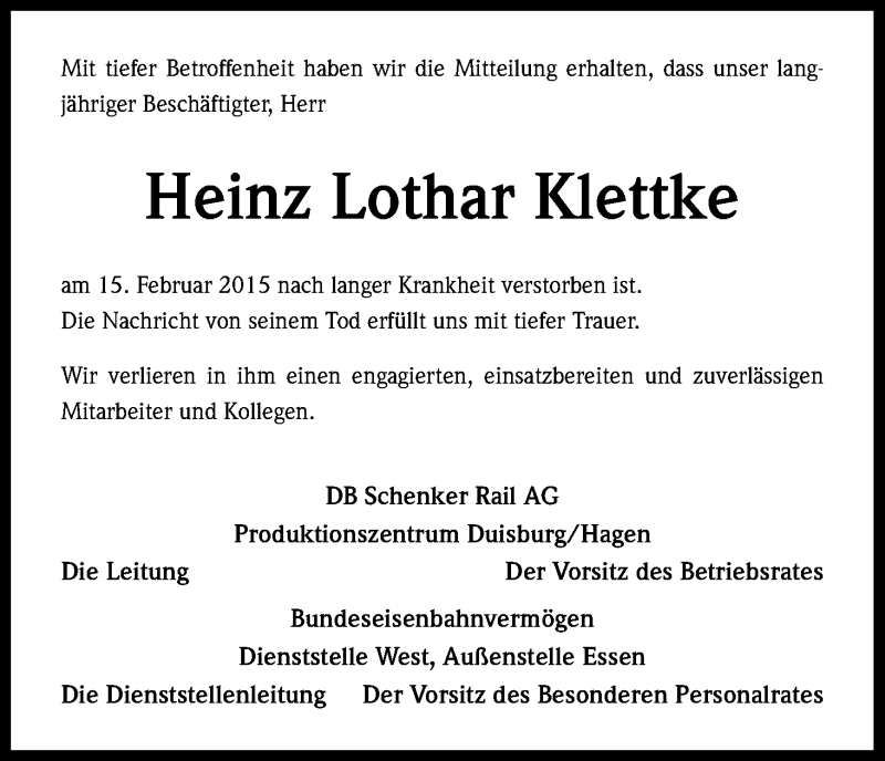  Traueranzeige für Heinz Lothar Klettke vom 26.02.2015 aus Kölner Stadt-Anzeiger / Kölnische Rundschau / Express