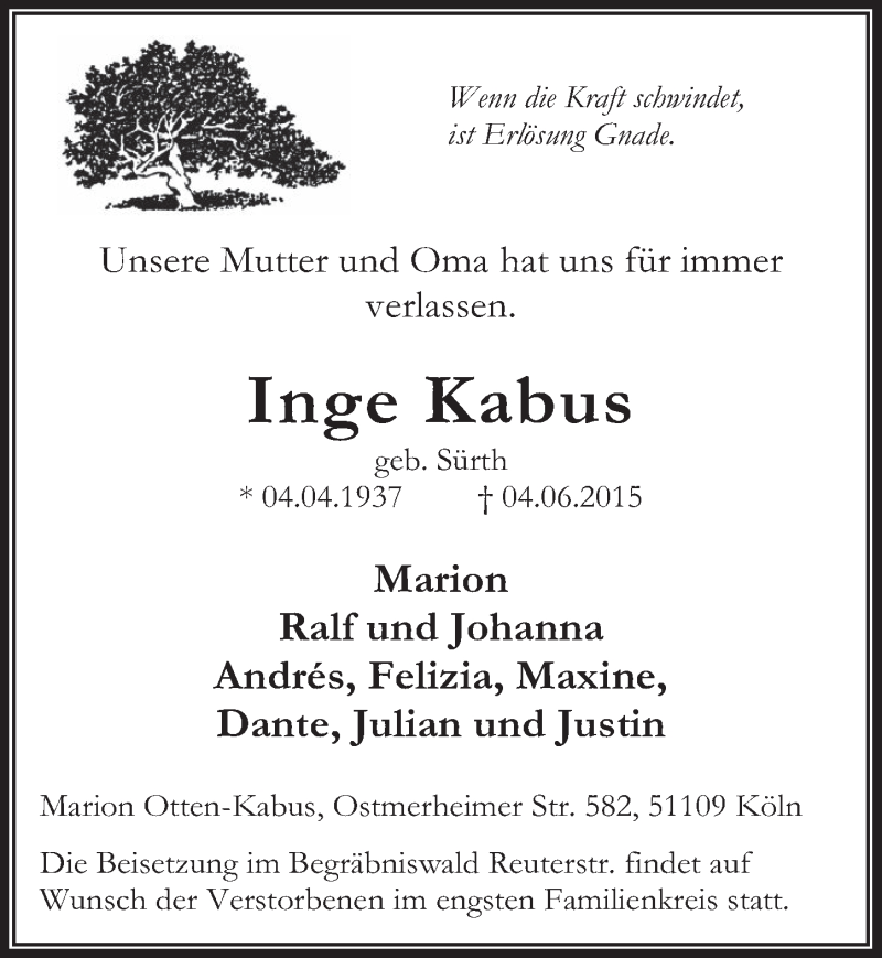  Traueranzeige für Inge Kabus vom 17.06.2015 aus  Bergisches Handelsblatt 