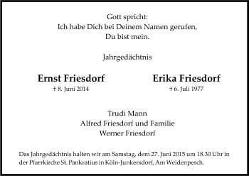 Anzeige von Ernst und Erika Friesdorf von Kölner Stadt-Anzeiger / Kölnische Rundschau / Express