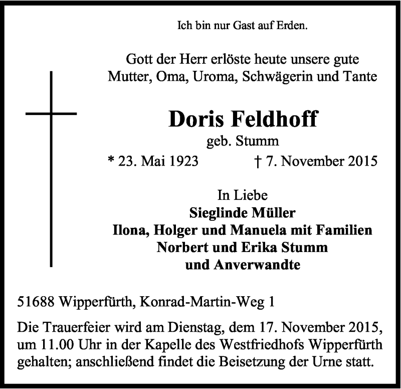  Traueranzeige für Doris Feldhoff vom 12.11.2015 aus Kölner Stadt-Anzeiger / Kölnische Rundschau / Express