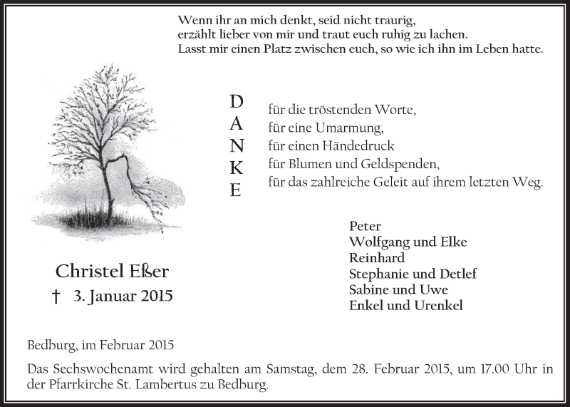 Traueranzeige für Christel Eßer vom 25.02.2015 aus  Werbepost 