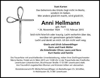 Anzeige von Anni Hellmann von Kölner Stadt-Anzeiger / Kölnische Rundschau / Express
