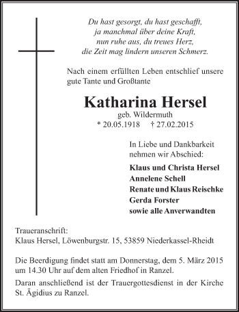 Anzeige von Katharina Hersel von  Extra Blatt 