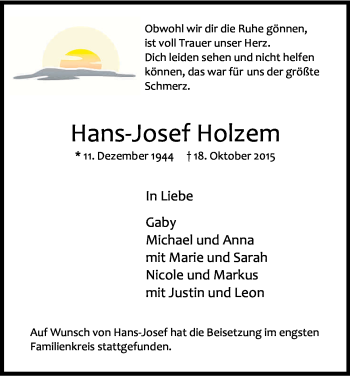 Anzeige von Hans-Josef Holzem von Kölner Stadt-Anzeiger / Kölnische Rundschau / Express