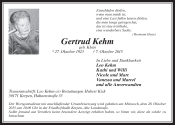 Anzeige von Gertrud Kehm von  Werbepost 