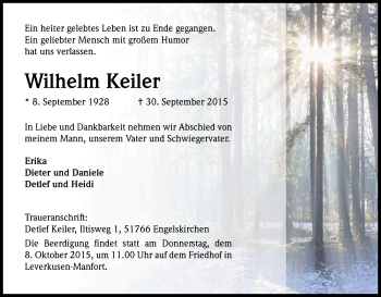Anzeige von Wilhelm Keiler von Kölner Stadt-Anzeiger / Kölnische Rundschau / Express
