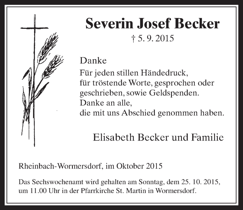  Traueranzeige für Severin Josef Becker vom 14.10.2015 aus  Schaufenster/Blickpunkt 