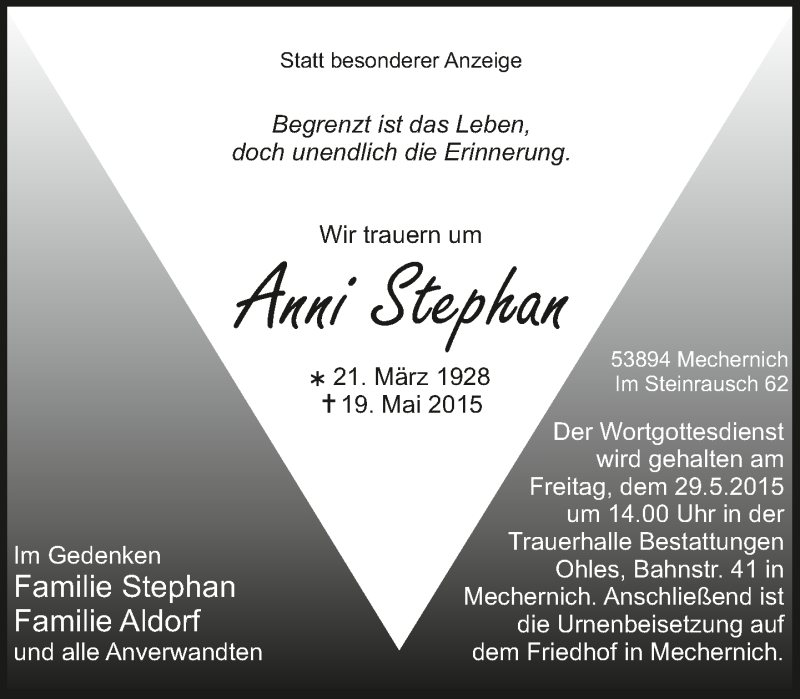  Traueranzeige für Anni Stephan vom 24.05.2015 aus  Blickpunkt Euskirchen 