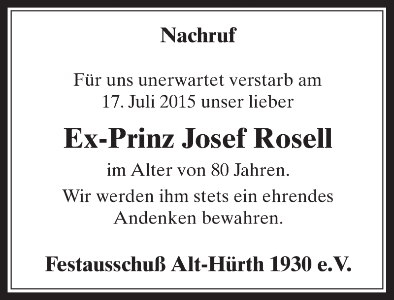  Traueranzeige für Josef Rosell vom 29.07.2015 aus  Wochenende 