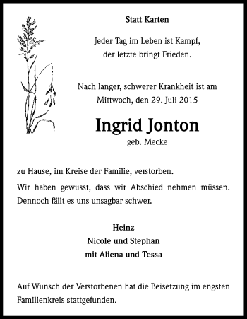 Anzeige von Ingrid Jonton von Kölner Stadt-Anzeiger / Kölnische Rundschau / Express