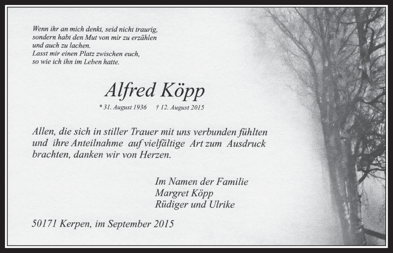  Traueranzeige für Alfred Köpp vom 09.09.2015 aus  Werbepost 