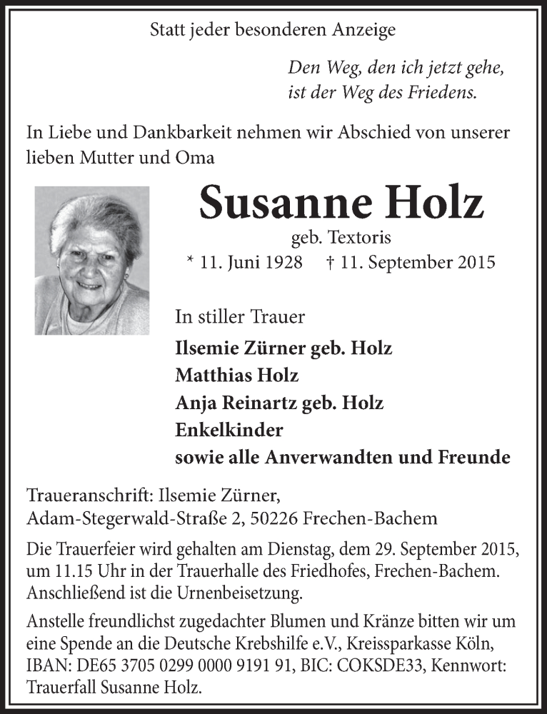  Traueranzeige für Susanne Holz vom 19.09.2015 aus  Sonntags-Post 