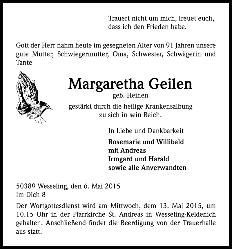  Traueranzeige für Margaretha Geilen vom 09.05.2015 aus Kölner Stadt-Anzeiger / Kölnische Rundschau / Express