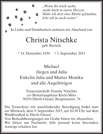 Anzeige von Christa Nitschke von  Sonntags-Post 