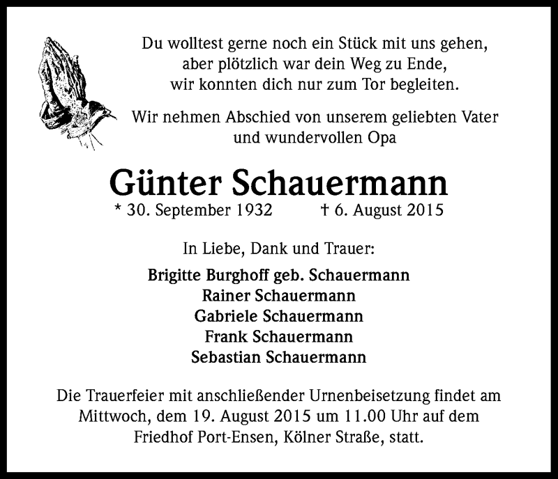  Traueranzeige für Günter Schauermann vom 15.08.2015 aus Kölner Stadt-Anzeiger / Kölnische Rundschau / Express