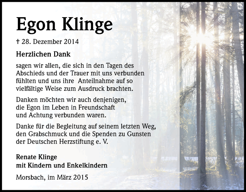  Traueranzeige für Egon Klinge vom 07.03.2015 aus Kölner Stadt-Anzeiger / Kölnische Rundschau / Express