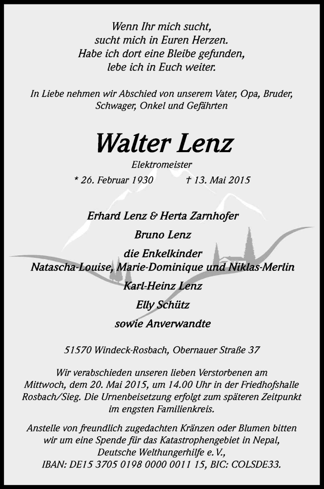  Traueranzeige für Walter Lenz vom 16.05.2015 aus Kölner Stadt-Anzeiger / Kölnische Rundschau / Express