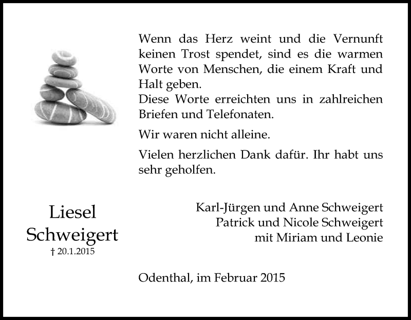  Traueranzeige für Liesel Schweigert vom 14.02.2015 aus Kölner Stadt-Anzeiger / Kölnische Rundschau / Express