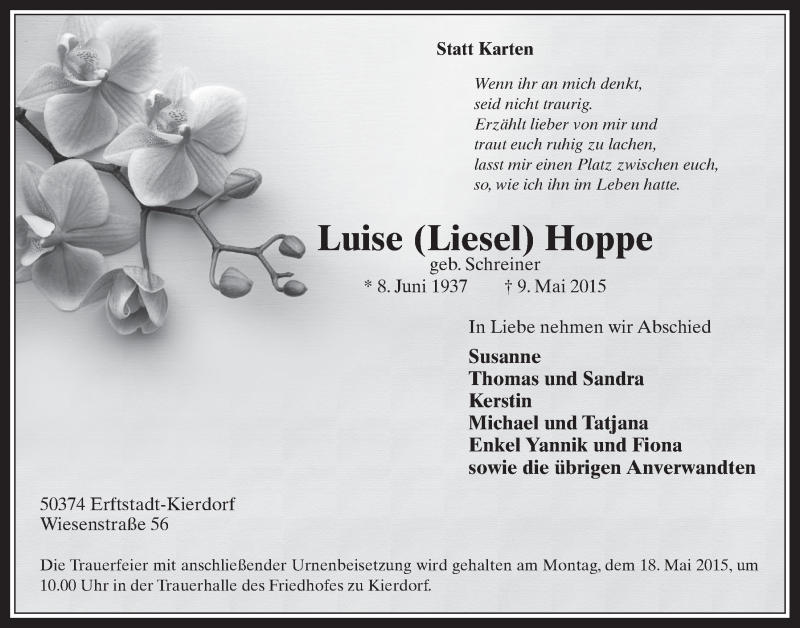  Traueranzeige für Luise  Hoppe vom 13.05.2015 aus  Werbepost 