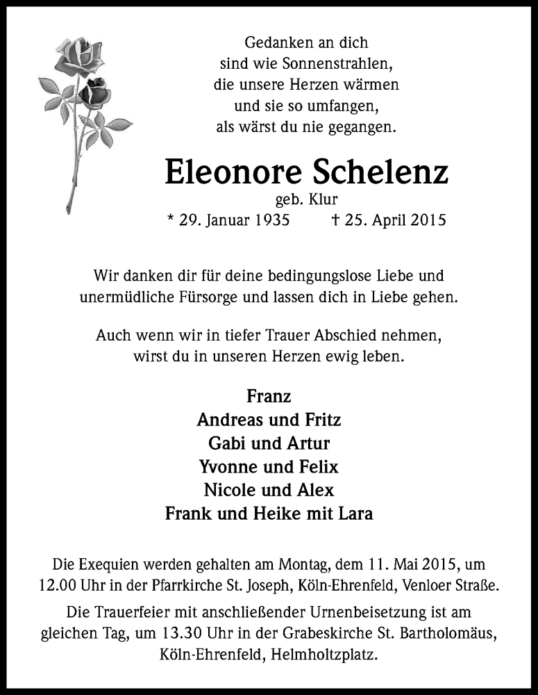  Traueranzeige für Eleonore Schelenz vom 09.05.2015 aus Kölner Stadt-Anzeiger / Kölnische Rundschau / Express