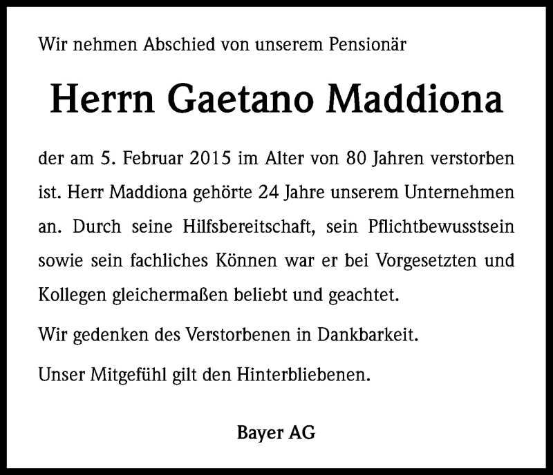  Traueranzeige für Gaetano Maddiona vom 19.03.2015 aus Kölner Stadt-Anzeiger / Kölnische Rundschau / Express