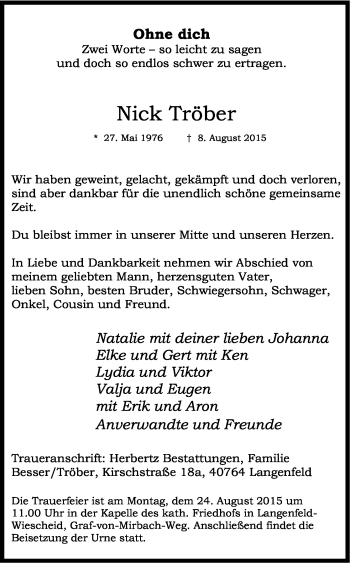 Anzeige von Nick Tröber von Kölner Stadt-Anzeiger / Kölnische Rundschau / Express