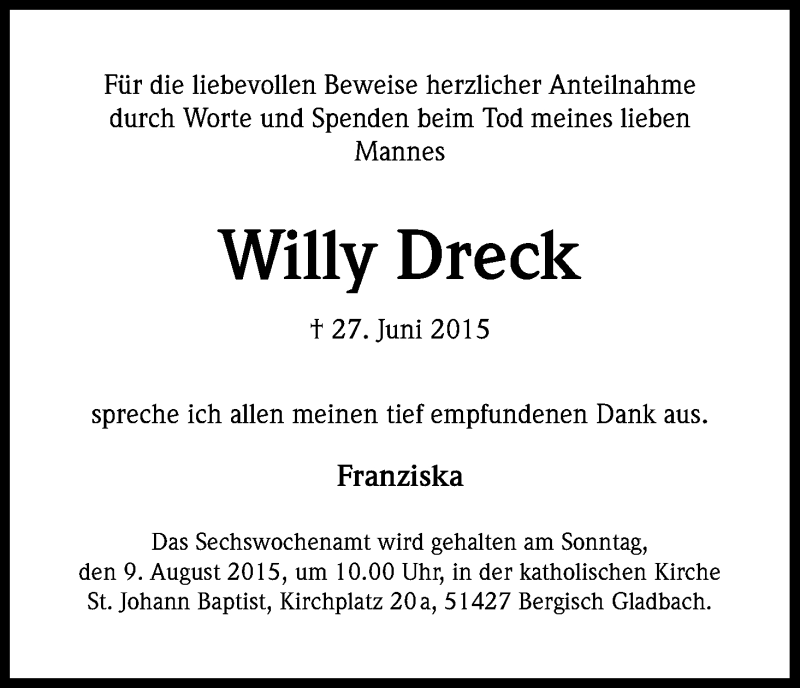  Traueranzeige für Willy Dreck vom 01.08.2015 aus Kölner Stadt-Anzeiger / Kölnische Rundschau / Express