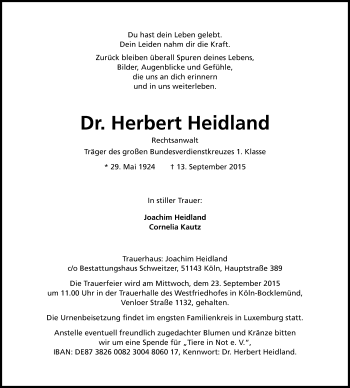 Anzeige von Herbert Heidland von Kölner Stadt-Anzeiger / Kölnische Rundschau / Express