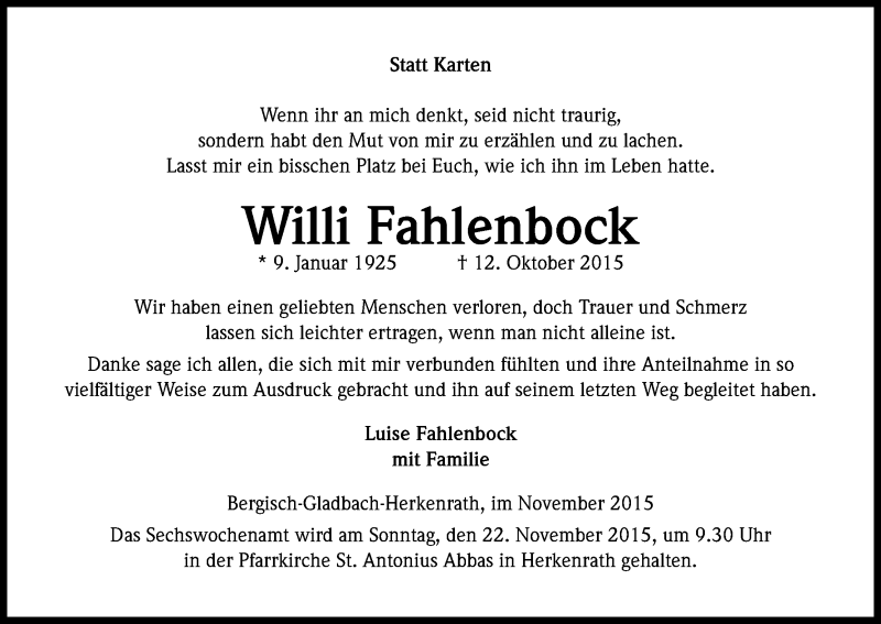  Traueranzeige für Willi Fahlenbock vom 14.11.2015 aus Köln - Wir Trauern