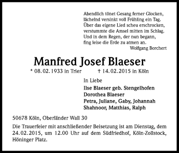 Anzeige von Manfred Josef Blaeser von Kölner Stadt-Anzeiger / Kölnische Rundschau / Express
