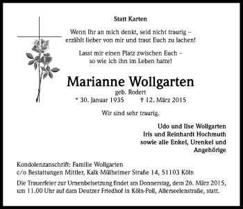 Anzeige von Marianne Wollgarten von Kölner Stadt-Anzeiger / Kölnische Rundschau / Express