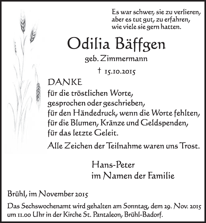  Traueranzeige für Odilia Bäffgen vom 18.11.2015 aus  Schlossbote/Werbekurier 