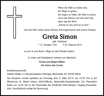 Anzeige von Greta Simon von Kölner Stadt-Anzeiger / Kölnische Rundschau / Express