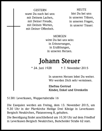 Anzeige von Johann Steuer von Kölner Stadt-Anzeiger / Kölnische Rundschau / Express