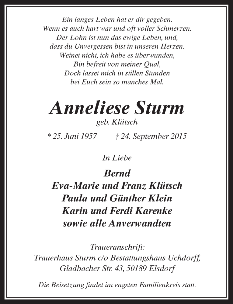  Traueranzeige für Anneliese Sturm vom 28.10.2015 aus  Werbepost 
