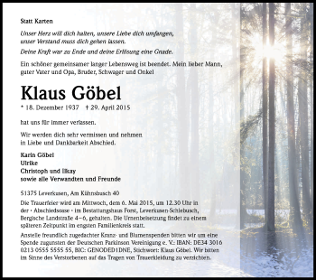 Anzeige von Klaus Göbel von Kölner Stadt-Anzeiger / Kölnische Rundschau / Express