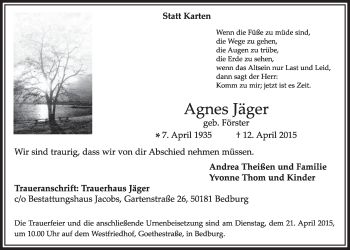 Anzeige von Agnes Jäger von  Sonntags-Post 