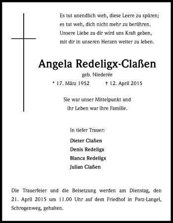 Anzeige von Angela Redeligx-Claßen von Kölner Stadt-Anzeiger / Kölnische Rundschau / Express