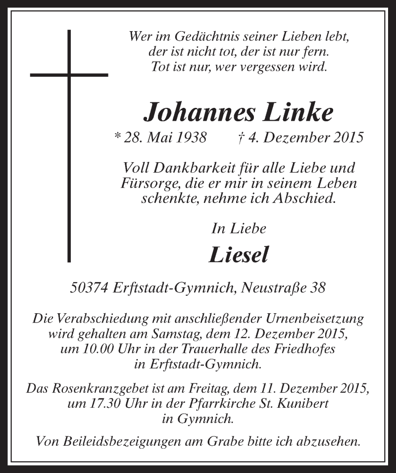  Traueranzeige für Johannes Linke vom 09.12.2015 aus  Werbepost 