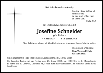 Anzeige von Josefine Schneider von Kölner Stadt-Anzeiger / Kölnische Rundschau / Express